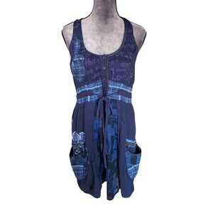 Desigual Dress Tank Mini Sleeveless Pockets Blue Plaid Accents Size M